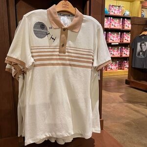 DISNEY STAR WARS | Embroidered Death Star Polo Shirt in Tan/White | Size Small